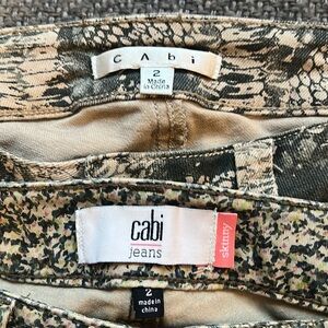 Two pairs Cabi size 2 skinny/straight leg jeans. Super soft! Cool patterns too!